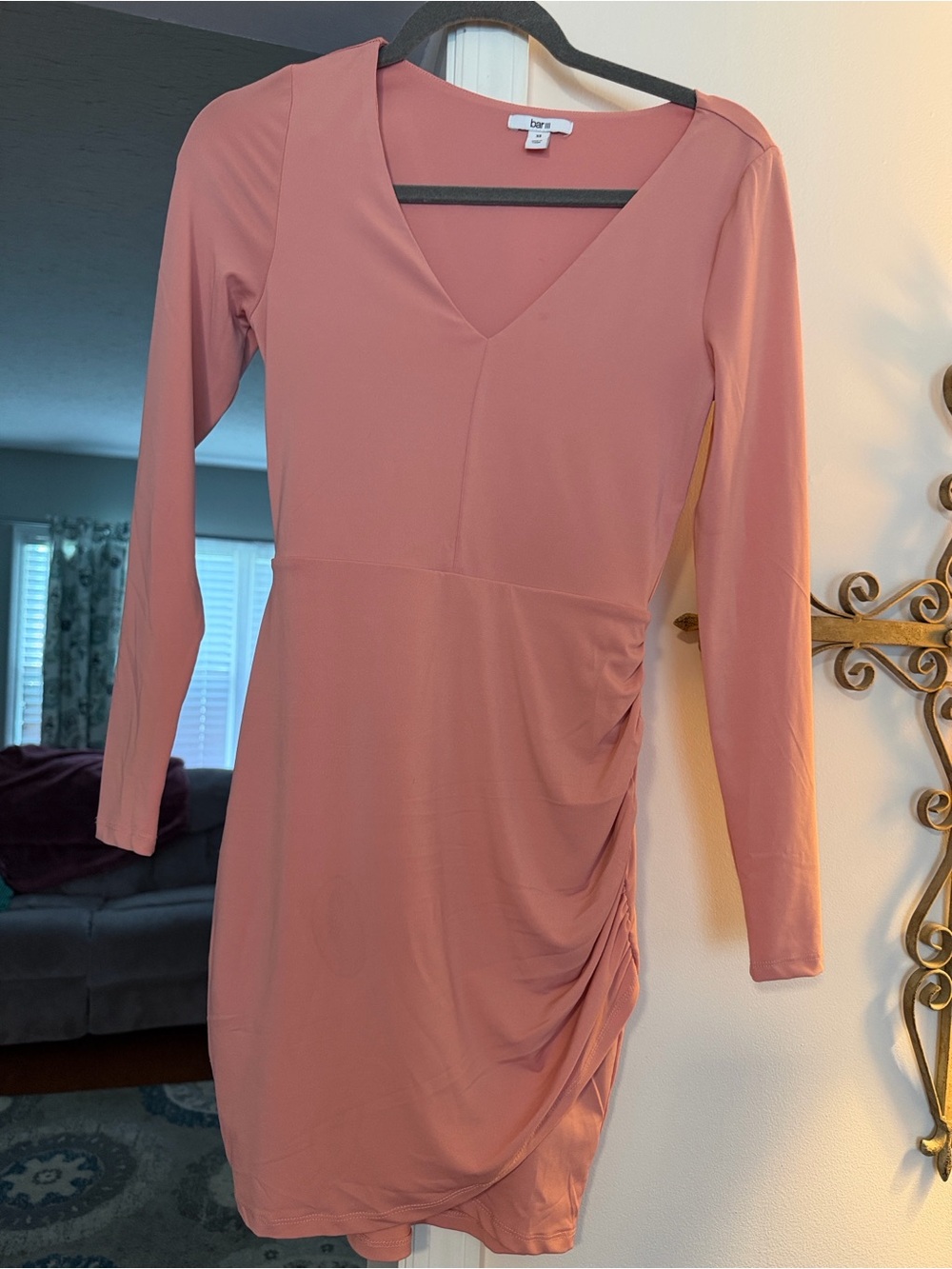 Bari Jay Dusty Rose Long Sleeve Ruched Midi Dress